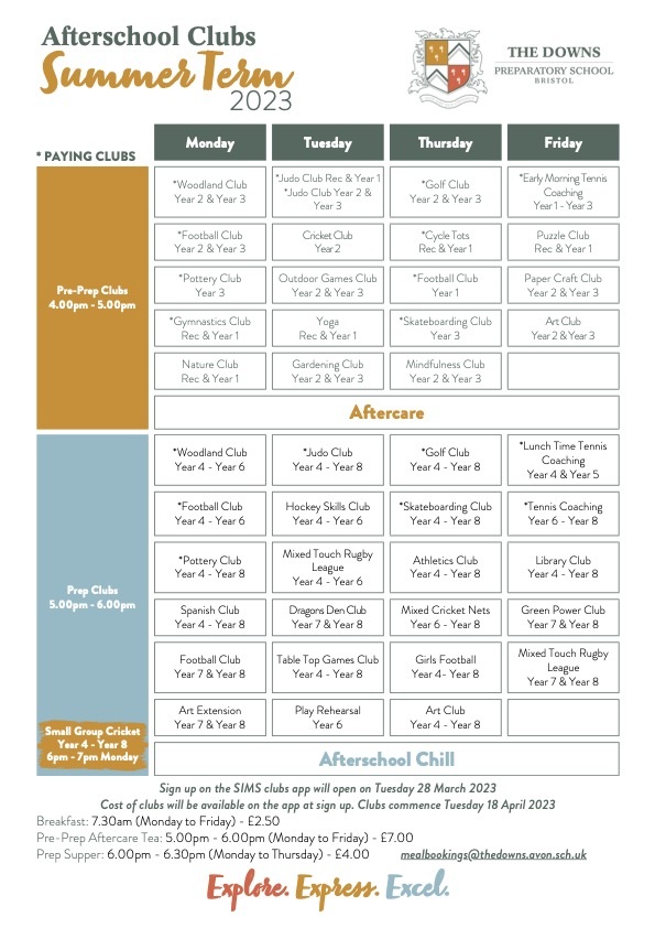 clubs timetable